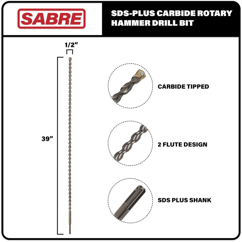 Sabre Tools 1/2 Inch x 39 Inch SDS Plus Rotary Hammer Drill Bit, Carbide Tipped Concrete Drill Bit for Masonry; Brick, Stone, Concrete (1/2" x 37" x 39") - Image 2